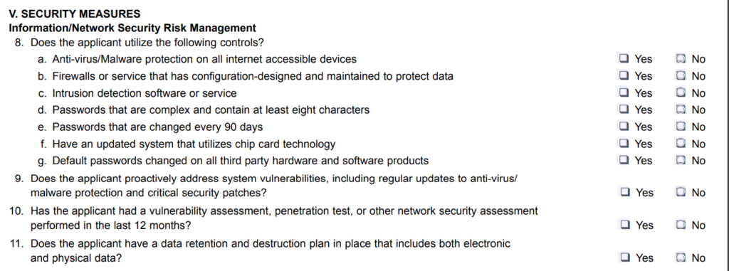 cyber insurance application questions